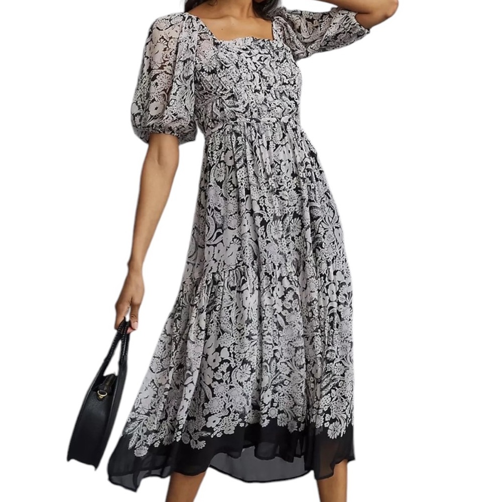 Anthropologie Black/White/Violet Floral Square Neck Puff Sleeve Smock Midi